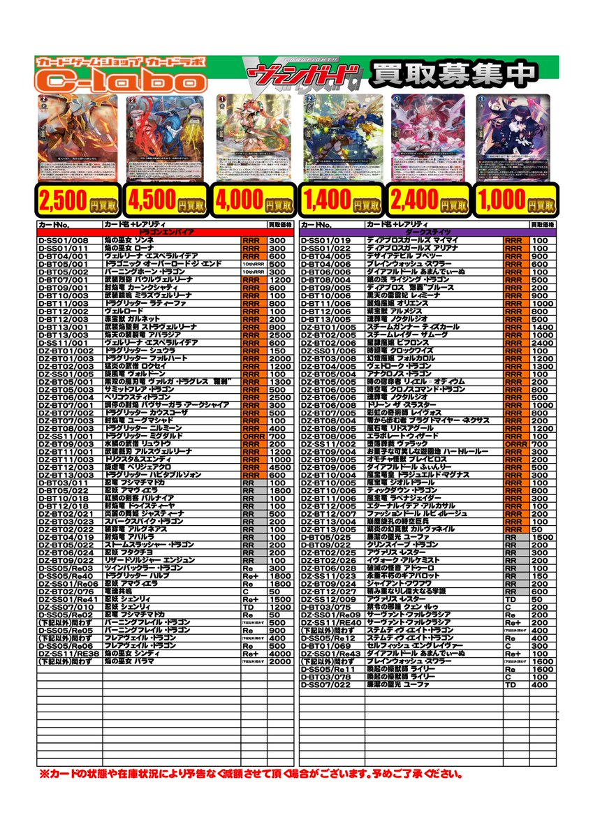 ヴァンガード 買取情報】 デッキパーツ買取ピックアップリストです