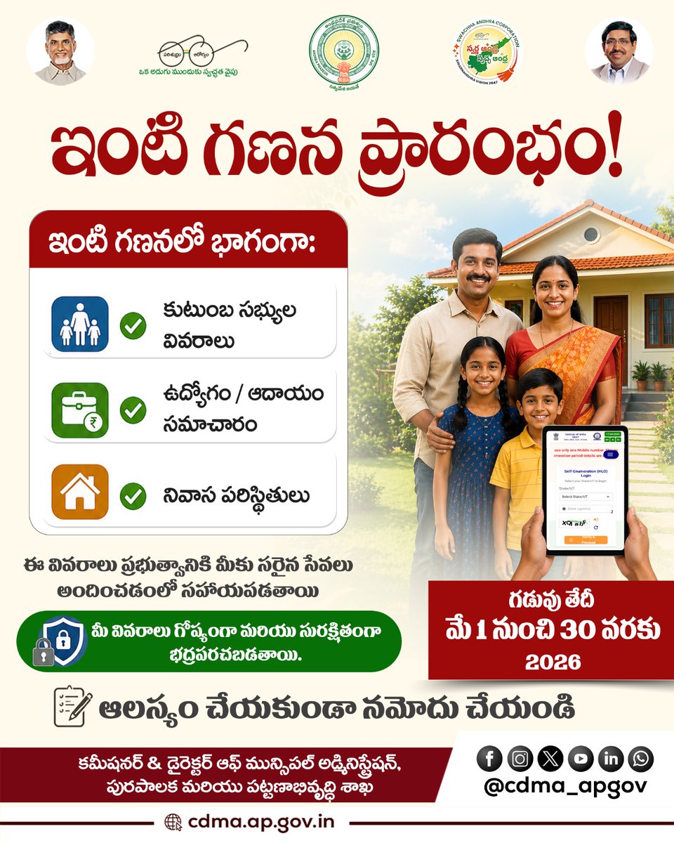 CDMA_APGov's tweet photo. ఆంధ్రప్రదేశ్ ప్రభుత్వం ప్రతిష్టాత్మకంగా చేపట్టిన 'ఇంటి గణన' ప్రక్రియ మే 1 నుండి ప్రారంభమైంది. మీ కుటుంబ సభ్యులు, ఆదాయం మరియు నివాస వివరాలను అందించి ప్రభుత్వ సేవలను మరింత వేగంగా పొందండి. మీ డేటా అత్యంత గోప్యంగా మరియు భద్రంగా ఉంచబడుతుంది. మే 30, 2026 లోపు మీ వివరాలను నమోదు చేసుకోవాలని కోరుతున్నాము. ఆలస్యం చేయకుండా ఇప్పుడే రిజిస్టర్ అవ్వండి. 

#APGovt #DigitalCensus #AndhraPradesh #CitizenData #PublicServices #Census2026 #DataPrivacy #SmartGovernance #RegisterNow #CDMA #APDevelopment

@ncbn @ssureshias @Dr_NarayanaP @CDMA_Municipal @SwachSurvekshan @SwachhBharatGov @SwachSurvekshan @MoHUA_India @sampathpommala