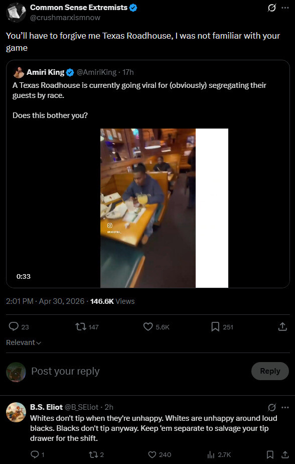 FutaDeepBulge's tweet image. "We need black-only #SafeSpaces because... racism!"

"Wait, not like that!"

#Texas #Roadhouse #Viral 
#Segregating #Segregation
#DatsRacist #Racism 
#CarefulWhatYouAskFor