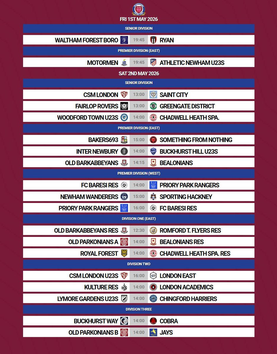 EssexAllianceFL's tweet photo. 𝙒𝙀𝙀𝙆𝙀𝙉𝘿 𝙋𝙍𝙀𝙑𝙄𝙀𝙒 / #Week37

Titles, promotions and relegations on the line this bank holiday weekend across a number of divisions with 1️⃣9️⃣ matches scheduled to take place

Good luck to all in action 💪

#EAL https://t.co/MYTFubOnDU
