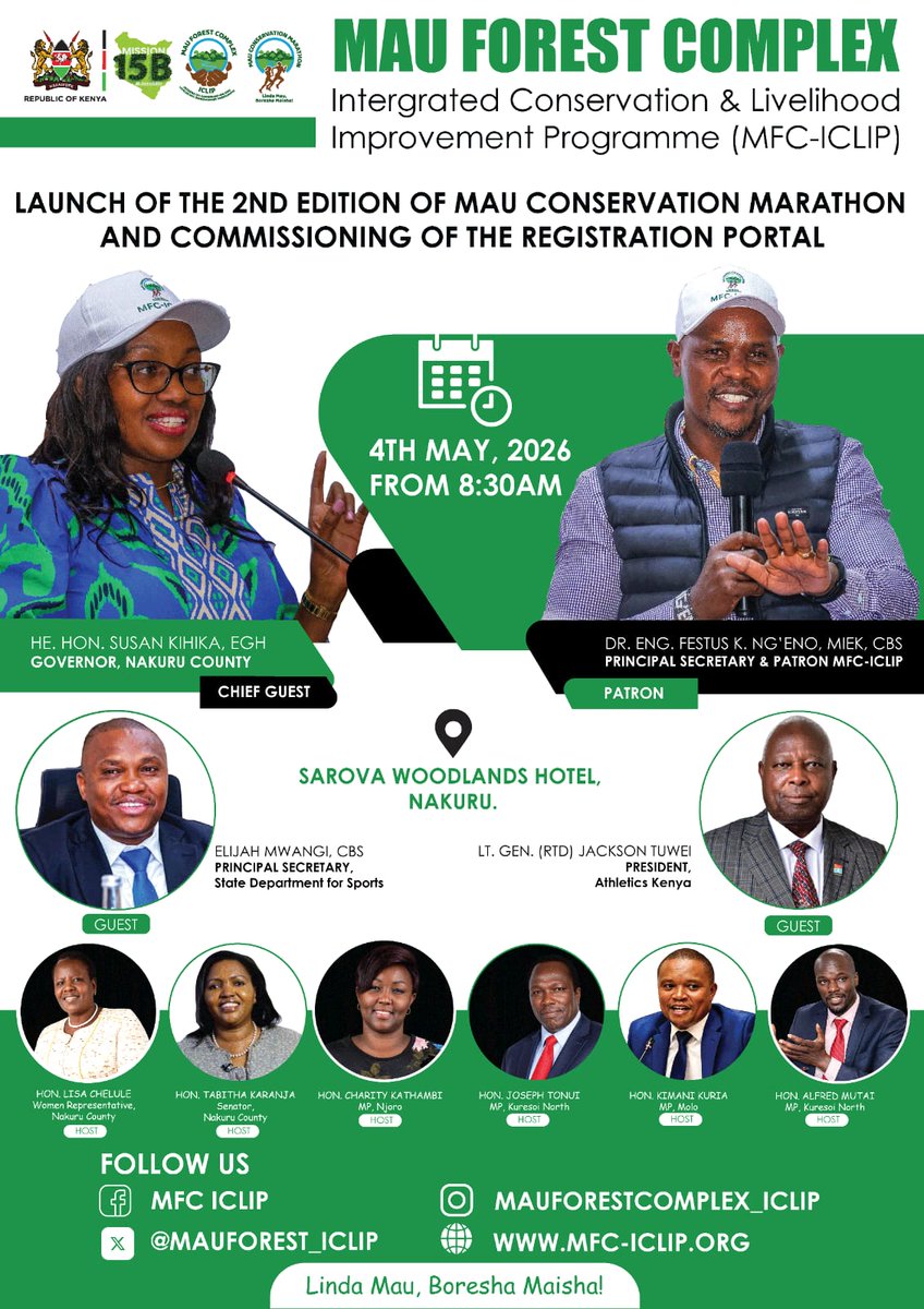 MauForest_iclip's tweet photo. Join us this Monday, 4th May, for the official launch of the 2nd Edition of the Mau Conservation Marathon and the commissioning of the registration portal at Sarova Woodlands, Nakuru.

Be part of the movement where every step drives conservation and transforms lives! #RunForMau #RunForConservation #MauConservationMarathon #LindaMauBoreshaMaisha