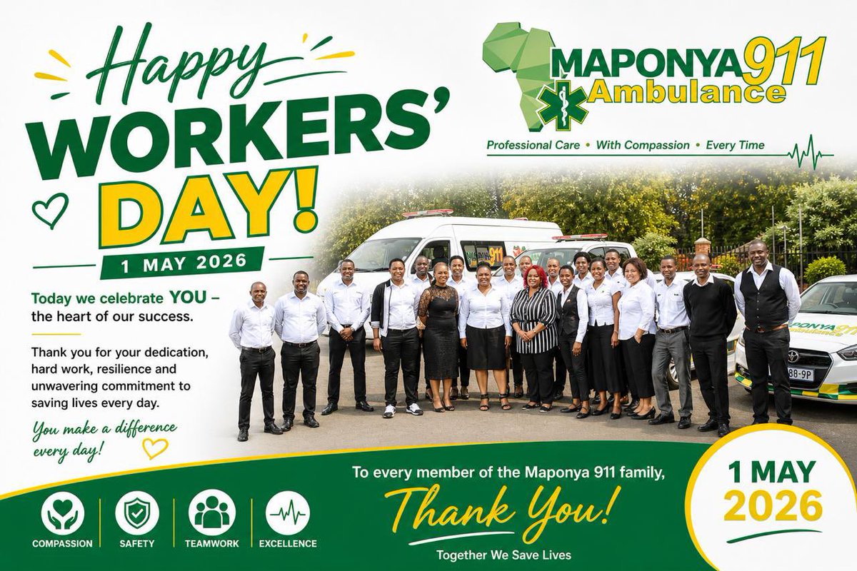 maponya911ems's tweet photo. Happy Workers’ Day 🇿🇦
Today we celebrate the dedicated team behind Maponya 911.
Thank you for your compassion, commitment, and service. ❤️
Together, we save lives.
#WorkersDay #Maponya911 #EMS #HealthcareHeroes https://t.co/Mlkngwo7pX