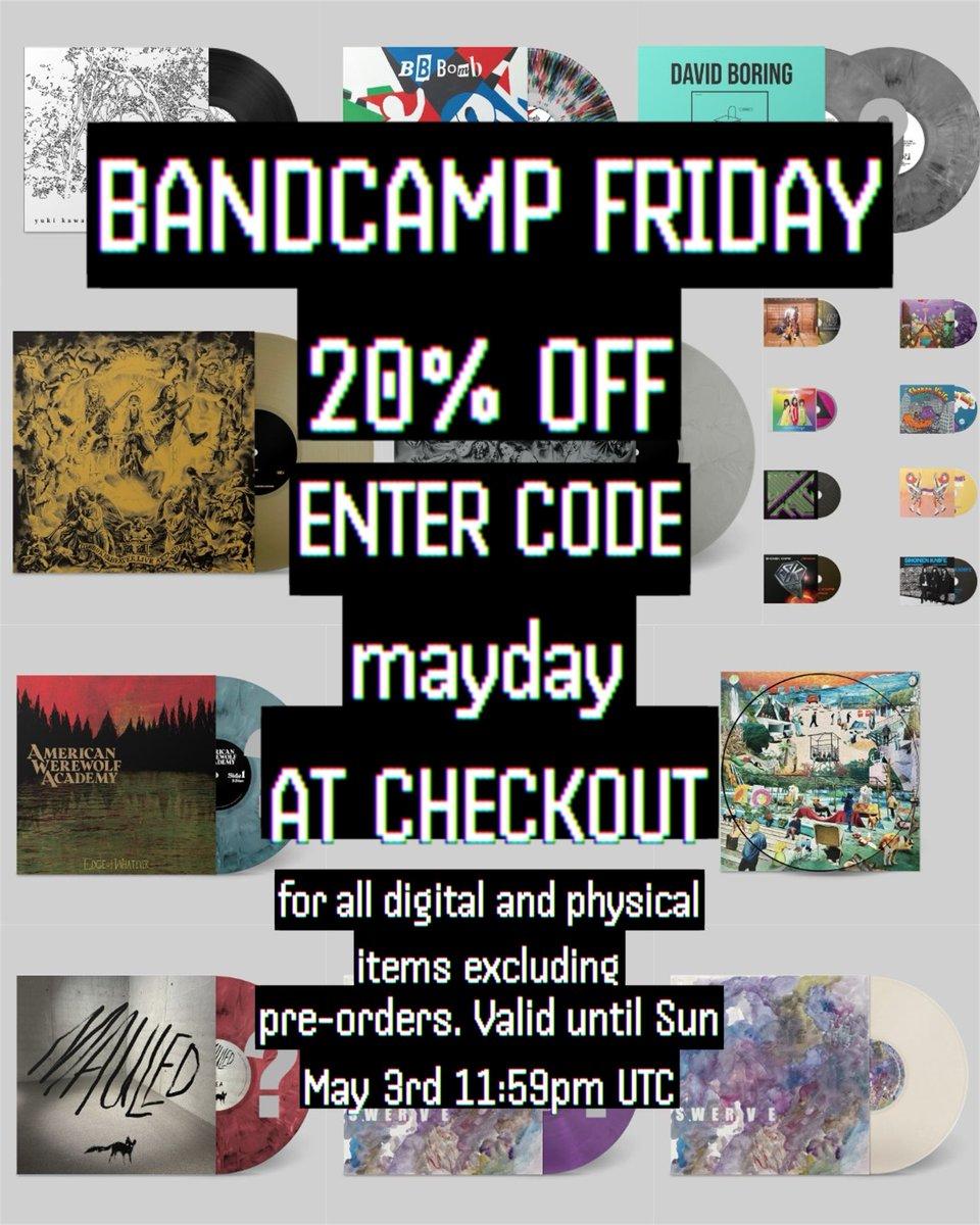 damnably's tweet photo. It's #BandcampFriday and there's 20% discount on everything (except pre-orders) 
using the code: mayday
https://t.co/UjpF8h9YTl
🥳🥳🥳🥳 https://t.co/ilRb0JjAPE