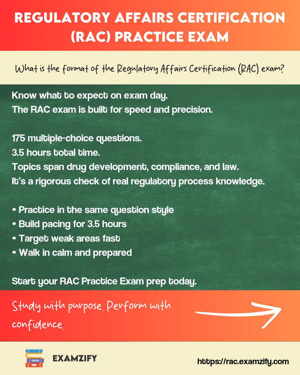 examzify's tweet image. RAC exam coming up? Make prep feel doable. Train smarter with our Regulatory Affairs Certification (RAC) Practice Exam: targeted flashcards + multiple-choice questions built to sharpen recall and decision-making under pressure. Visit rac.examzify.com to learn more. #Prep