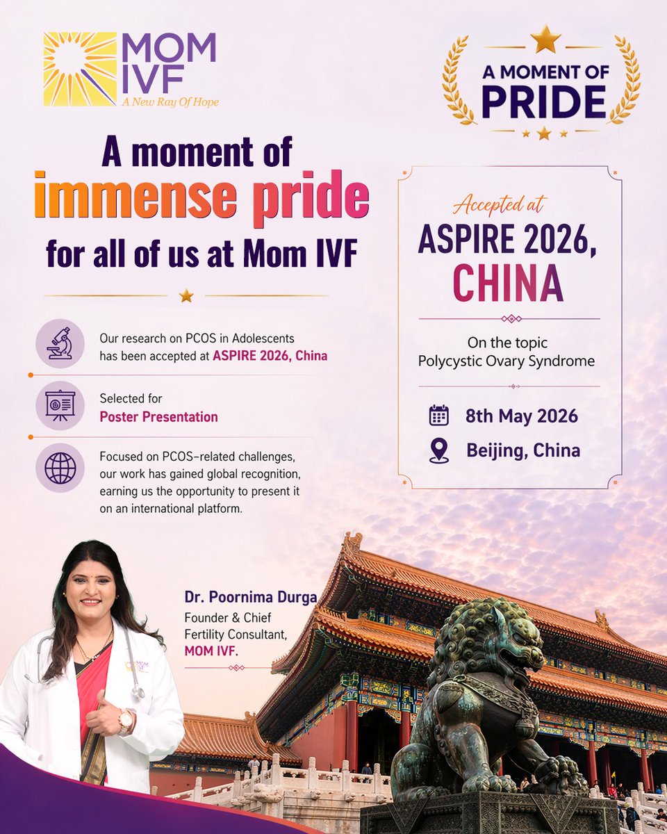 Momivfcenter's tweet image. A proud moment for MOM IVF on the global stage 🌍

📍 Beijing, China
📅 8th May 2026

Led by Dr. Poornima Durga, we continue to strive towards innovation, care, and hope for every patient we serve. 💜

#MOMIVF #GlobalMilestone #MedicalResearch #ASPIRE2026 #PCOSAwareness