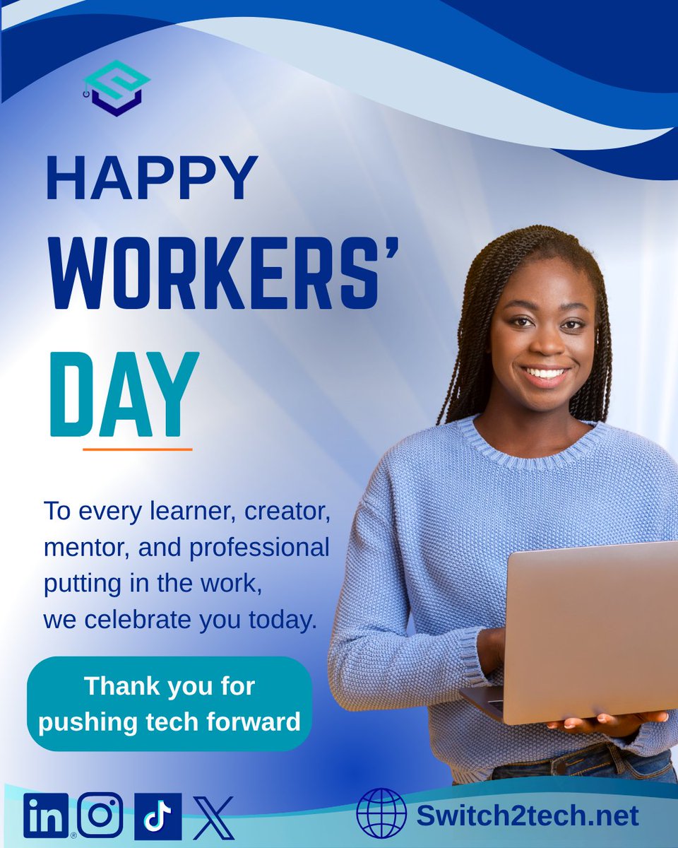 switch2tech_net's tweet photo. Happy Workers’ Day 💼✨  

Shoutout to the thinkers, builders, and creators pushing tech forward every day.  
Keep learning. Keep building. Keep innovating.  

WorkersDay #TechCareers #DigitalSkills https://t.co/w9WB9qUNmX