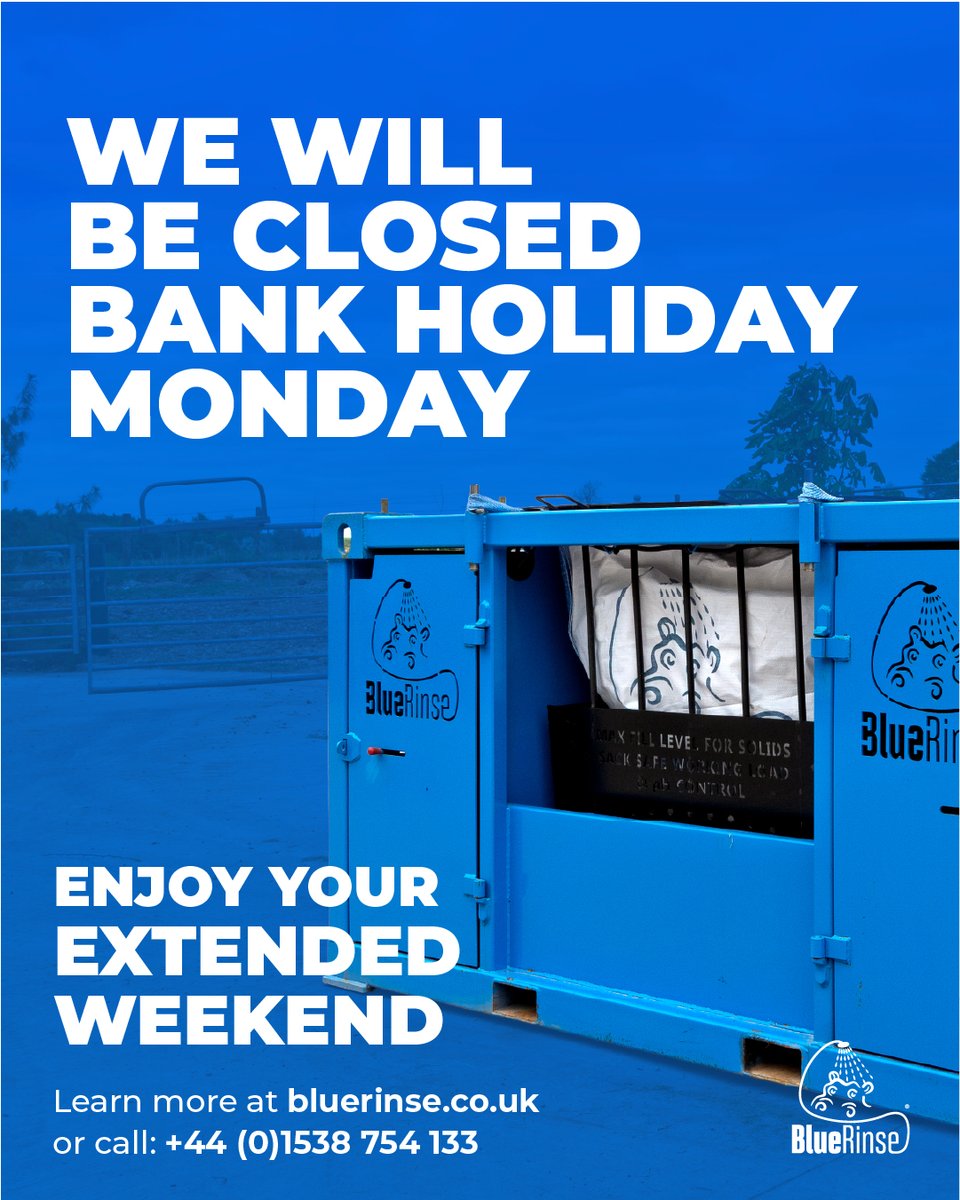 mudtechtank's tweet image. We will be closed this bank holiday Monday.

Enjoy your extended weekend.

Learn more: bluerinse.co.uk
Call: +44 (0)1538 754133

#BlueRinse #ConcreteWashout #ConstructionUK #Groundworks #ConcreteIndustry #CleanSite #SiteSolutions #OnSiteSolutions #keepitclean