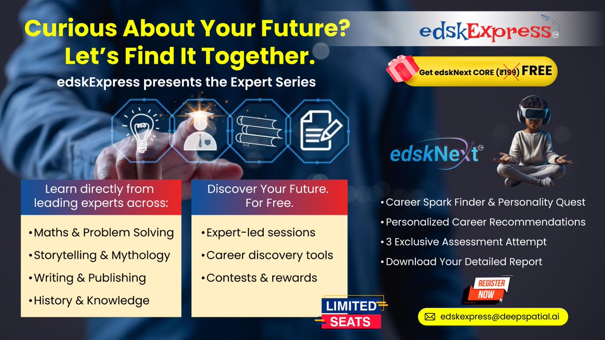 deepspatialai's tweet image. Curious about your future? Let’s find it together.

Introducing the edskExpress Expert Series -
6 weeks | Real experts | Real learning

🎁 Get edskNext CORE (₹199) FREE
📩 Limited seats → edskexpress@deepspatial.ai
#FutureReady #Students #EdTech $DSAI $DSAIF $DSAI.CN