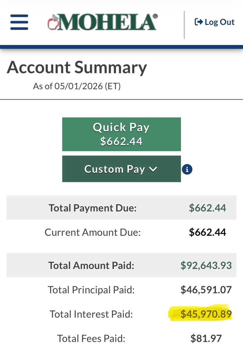 djACampos's tweet image. It’s a messed up system. I started my career in 2007, and this is the result. Haven’t checked this in a while but just making the payments. This should be illegal. #salliemae #studentloans