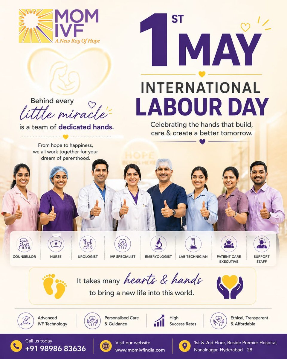 Momivfcenter's tweet image. Behind every little miracle is a team of dedicated hands 💜
Here’s to the hearts &amp;amp; hands that build brighter tomorrows. Happy Labour Day! 💛
#InternationalLabourDay #LabourDay2026 #MOMIVF #IVFJourney #FertilityCare #HealthcareHeroes #Teamwork #LittleMiracles #IVFSupport