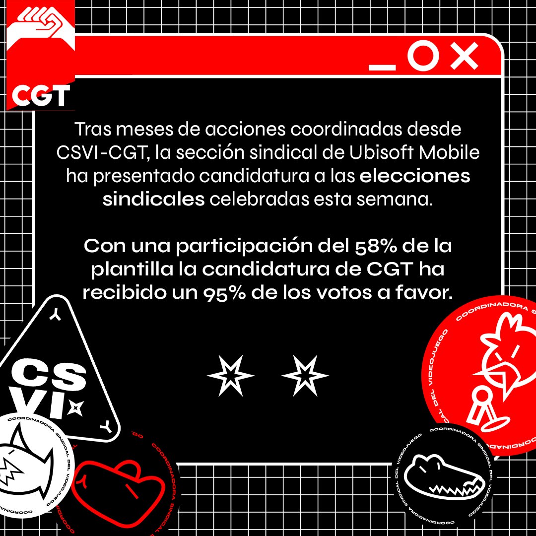 CSVI_CGT's tweet photo. Resultados de las elecciones sindicales en Ubisoft Mobile, con subidas salariales insuficientes y políticas de teletrabajo injustas. https://t.co/lVWhRlZnAD