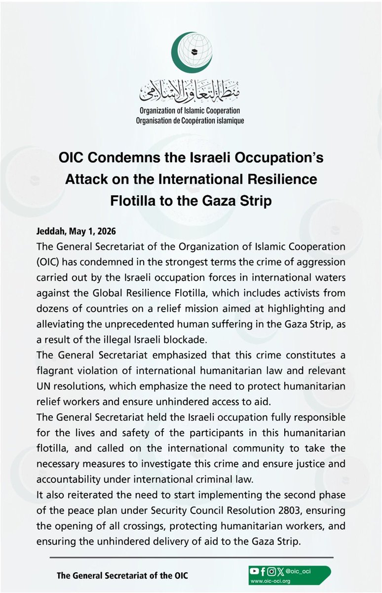 OIC_OCI's tweet image. #OIC Condemns the Israeli Occupation's Attack on the International Resilience #Flotilla to the #Gaza Strip. #Palestine #Israel