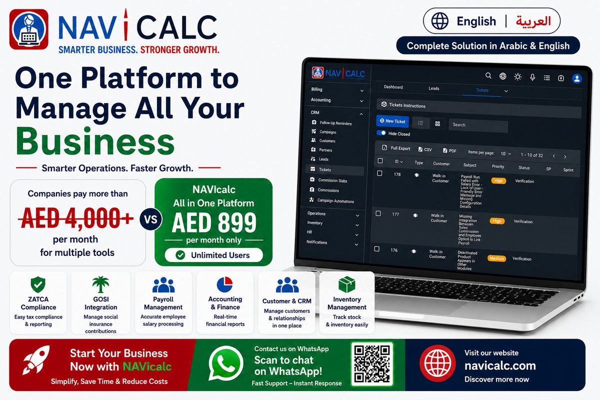 Navicalc197124's tweet image. navicalc.com wa.me/message/LEOWXU…
Most UAE businesses pay AED 4,000+/month for multiple tools. NAVicalc replaces them all at just AED 899/month with unlimited users, full UAE compliance (ZATCA, GOSI, WPS)
#UAEbusiness #DubaiSME #CloudERP #BusinessAutomation #UAESaaS