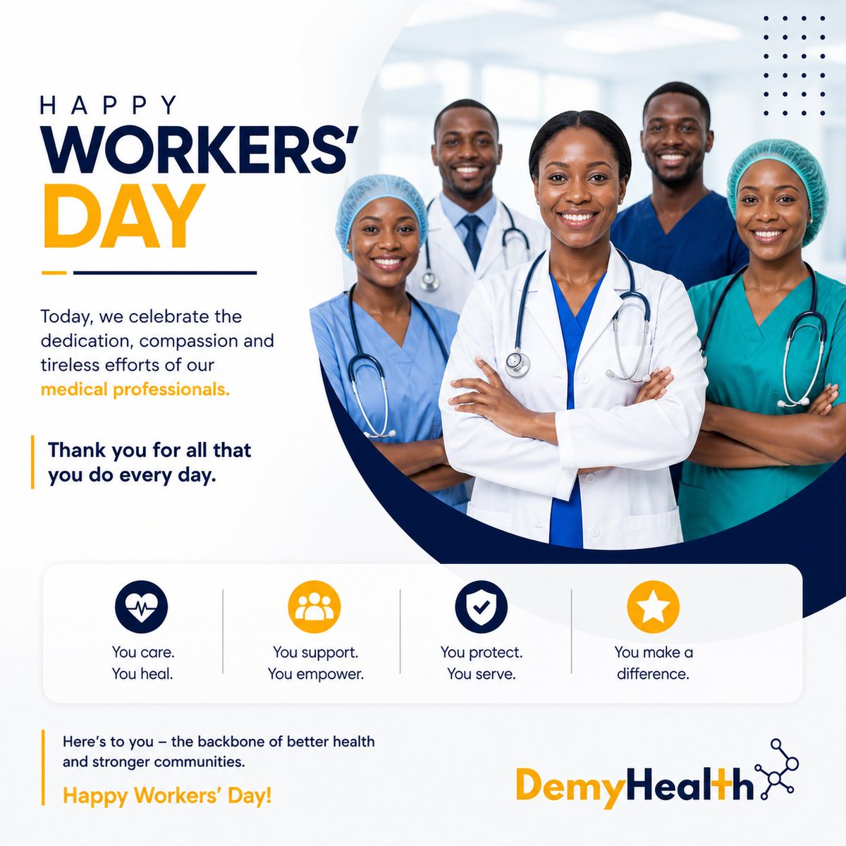 DEMYHEALTH's tweet image. Happy Workers’ Day to our healthcare heroes 🩺💙

Your dedication, sacrifice, and expertise save lives every day.

At DemyHealth, we celebrate YOU.
#WorkersDay #HealthcareHeroes #DemyHealth #MedicalProfessionals #NigeriaHealthcare