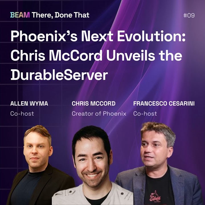 FrancescoC's tweet photo. A new BEAM There Done That podcast is out. @chris_mccord introduces us to Durable Servers, a new approach to persisting and distributing state: https://t.co/lyjUY2hGzu #erlang #elixirlang #webeamtogether https://t.co/XFBwdDrwzR