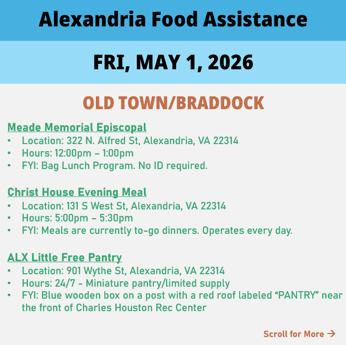 hungerfreealx's tweet image. (Post 1 of 3) On Friday, May 1, here are open locations in Alexandria, VA for food assistance, organized by neighborhood. Everybody deserves to eat. #help #finding #food #alexandriava