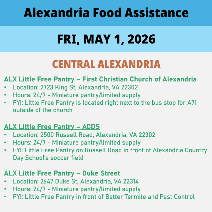 hungerfreealx's tweet image. (Post 1 of 3) On Friday, May 1, here are open locations in Alexandria, VA for food assistance, organized by neighborhood. Everybody deserves to eat. #help #finding #food #alexandriava