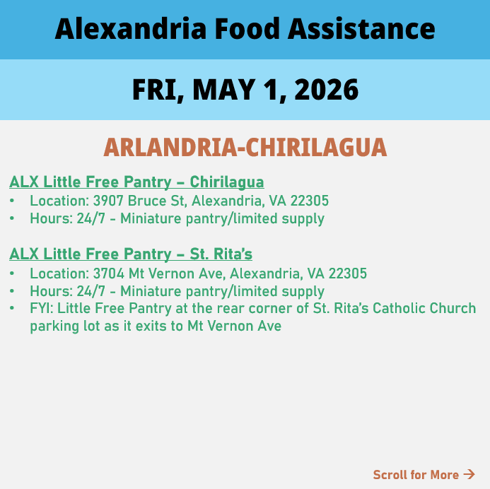 hungerfreealx's tweet image. (Post 3 of 3) On Friday, May 1, here are open locations in Alexandria, VA for food assistance, organized by neighborhood. Everybody deserves to eat. #help #finding #food #alexandriava