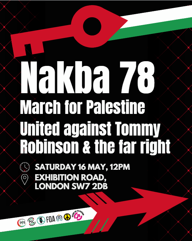 PSCupdates's tweet image. 🚨 ROUTE MAP - NAKBA 78 - March for Palestine United against the Far Right
⏰ Sat, 16 May, 12PM
📍 Exhibition Road, London 

Join us on Saturday May 16th to for the Nakba 78 march ✊

We will march to commemorate the Nakba – for 78 years, Palestinians have been subjected to a
