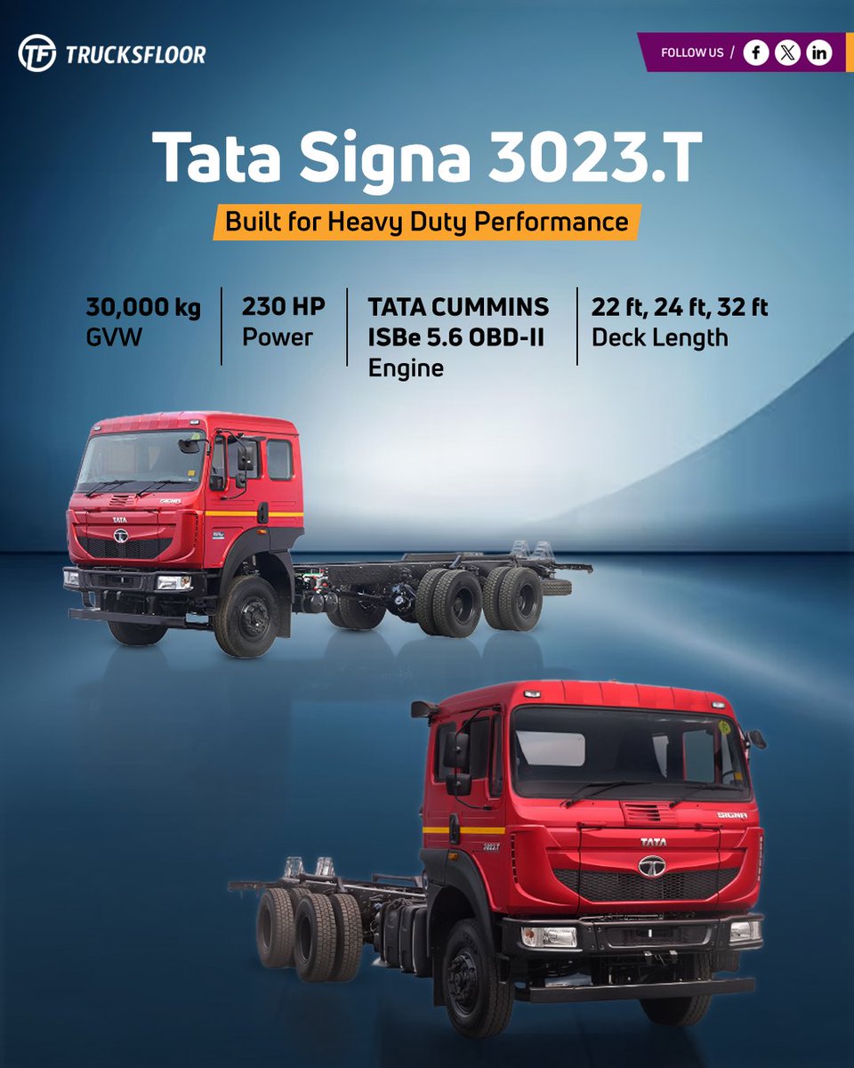 trucksfloor's tweet image. Tata Signa 3023.T – Heavy Load Ka Asli Champion 

Powerful performance aur strong build ke saath har heavy-duty trip ko banaye productive aur profitable

#HeavyDutyTruck #TruckLife #CommercialVehicles #LogisticsIndia #BuiltForHeavyDuty