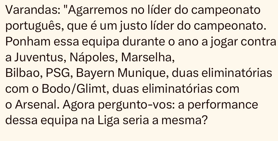 Essa narrativa cai logo por terra porque, ao dia de hoje, está em terceiro lugar, atrás do Benfica que esteve no Mundial de Clubes, e, com isso, não teve uma pré-época normal, mudou de treinador, jogou Champions e leva o mesmo numero de jogos.