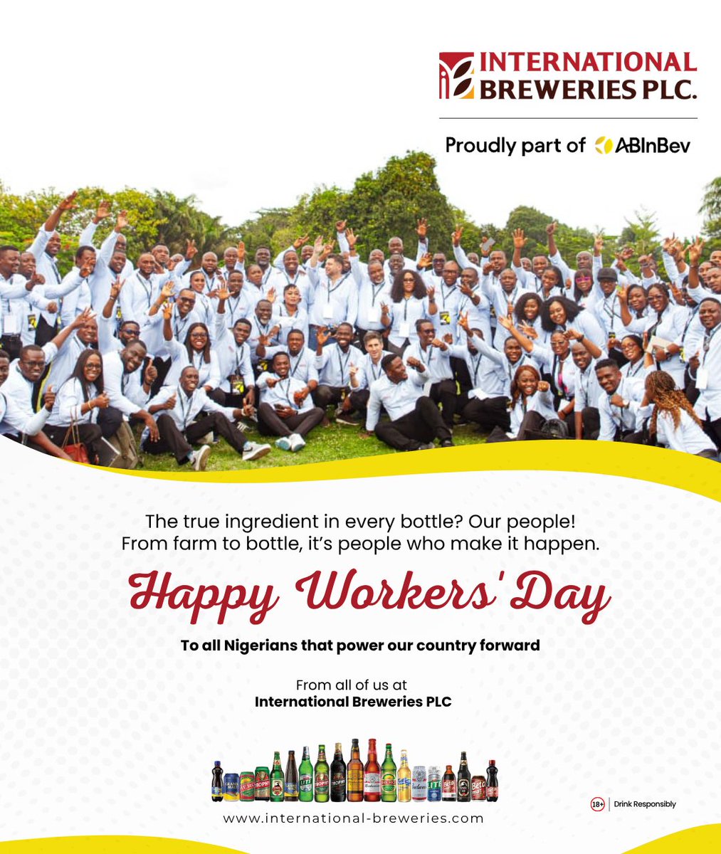 IBPlc_ng's tweet image. The true ingredient in every bottle?

Our people!

From farm to bottle, it's people who make it happen.

#HappyWorkersDay to all #Nigerians that power our country forward! #IBPLC