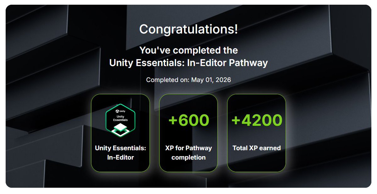 RishavTiwari510's tweet photo. Day 6.5 of learning Unity || End of Season 1 

Big thanks to @NOENDSTUDIO01
 and @Life_of_code for liking every post this week

From 0 Unity knowledge to completing Unity Essentials - feels great

Will soon build my first game and post it here and improve my content

#Unity #GDev https://t.co/H8UPccFG0r