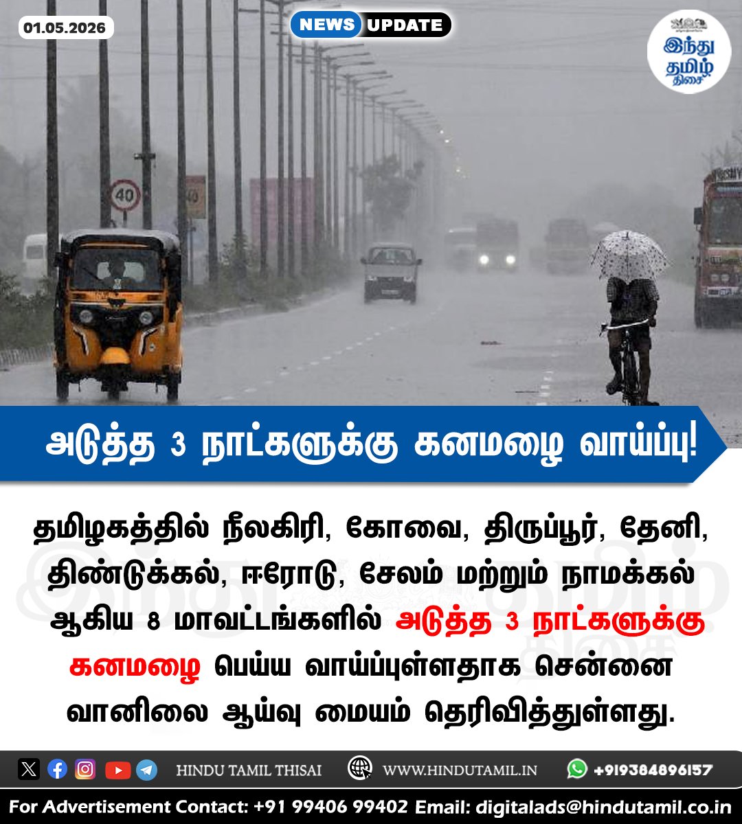 TamilTheHindu's tweet image. கோவை, நீலகிரி உள்ளிட்ட 8 மாவட்டங்களில் 3 நாட்களுக்கு கனமழை பெய்ய வாய்ப்பு! &amp;gt; shorturl.at/IDyn8

#TNRains | #HeavyRain | #RainAlert | #WeatherUpdate