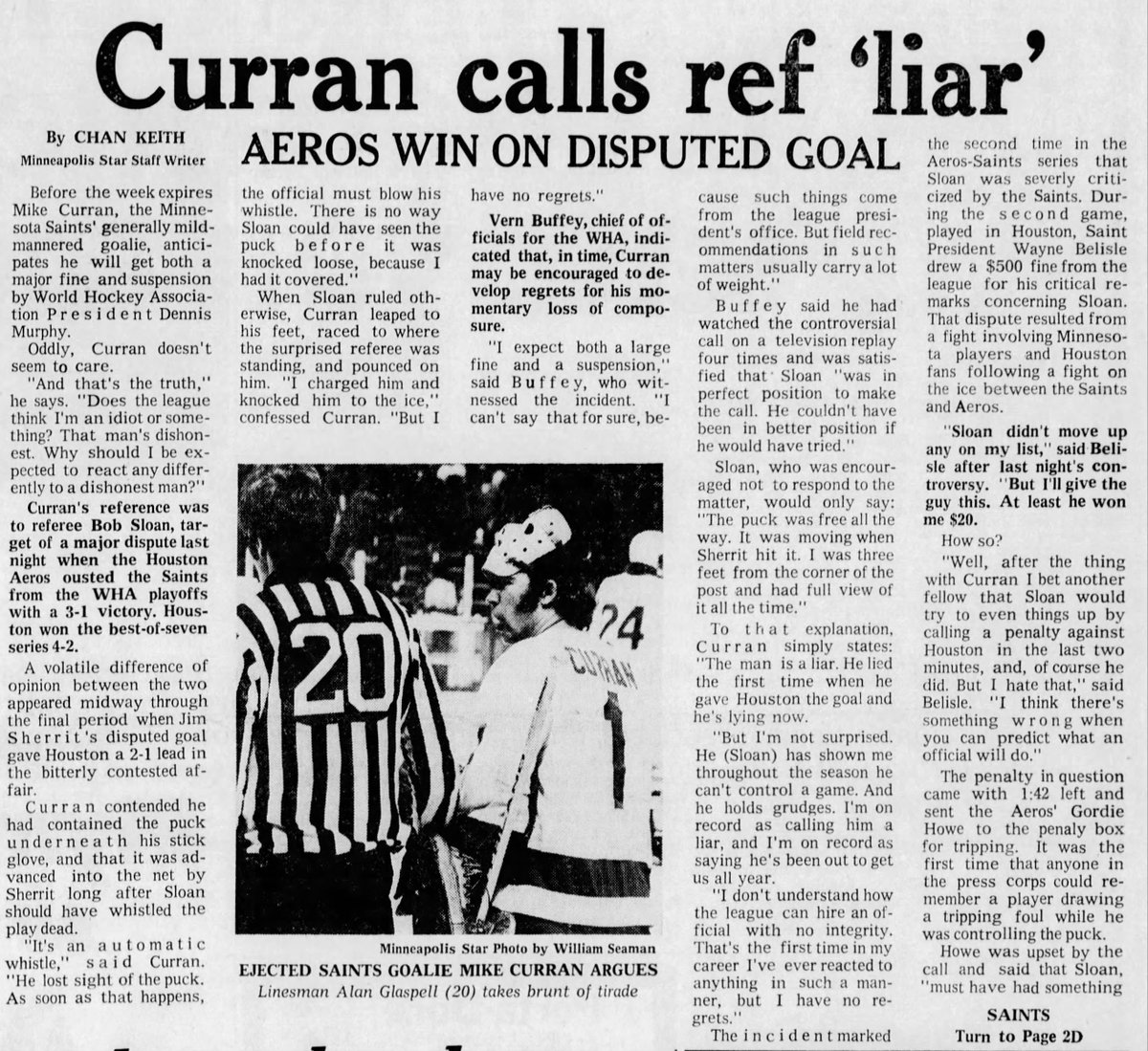 WHENESOTA's tweet photo. #OTD in #Minnesota Sports History (1974) The Fighting Saints are eliminated by the Houston Aeros in the Division Finals. After a disputed goal, the Saints’ Lefty Curran knocks down the ref and (accidentally) ends up on top of him. #ASlapShotInTime #MNWild https://t.co/zKMhytDwyb https://t.co/uWmwCTypWU