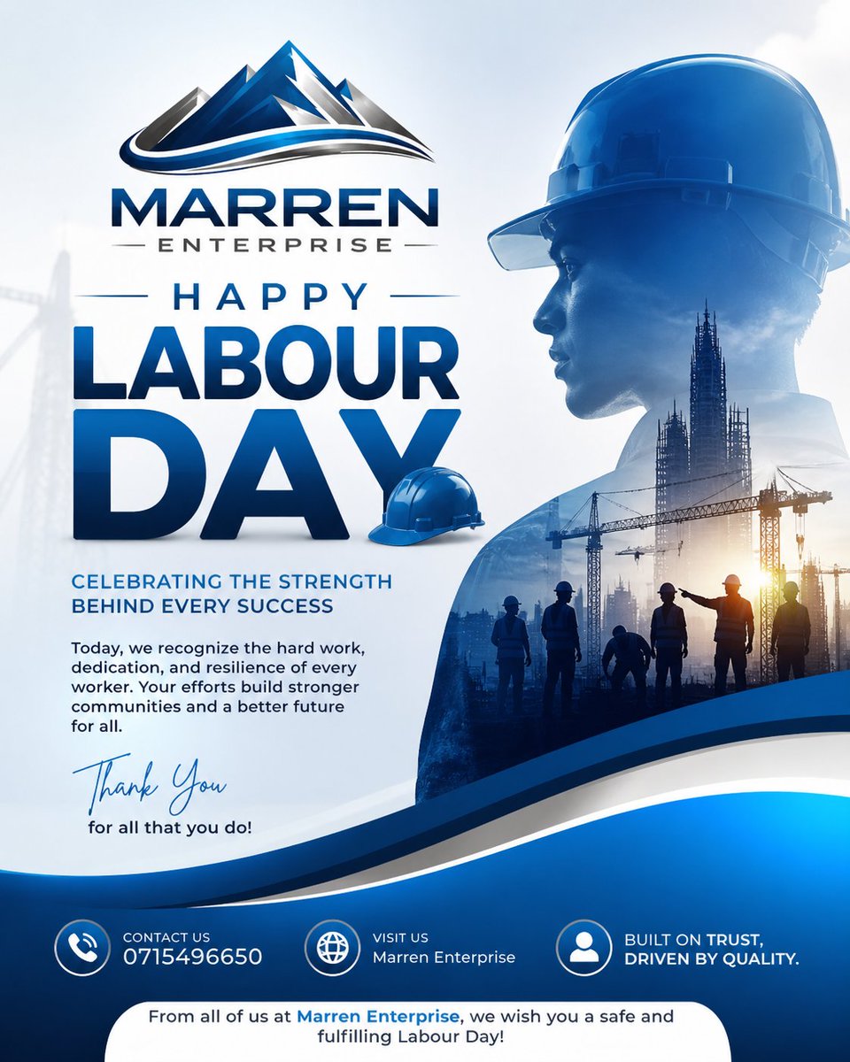 Behind every building, business, and breakthrough is a worker who never gave up.
Today, we honor your effort. Happy Labour Day! 💙

#LabourDay #CelebrateWorkers #Kenya #MarrenEnterprise  #MotivationDaily #RespectTheHustle #WorkHardDreamBig