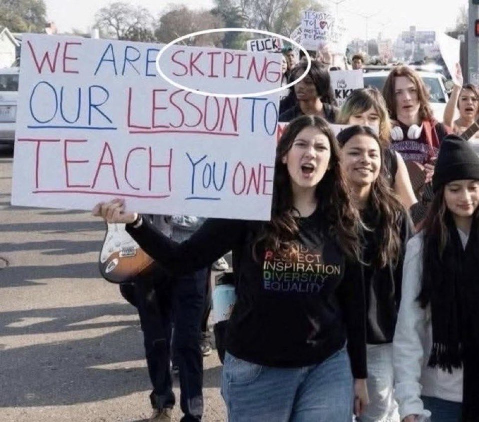 <a href="/EricLDaugh/">Eric Daugherty</a> <a href="/lavendarelly/">🇺🇲🌻ELLY STOUT🌻🇺🇲</a> So they too are “skiping” school and the students who are in desperate need of education. When I was a kid I had no idea what political affiliations my teachers had! Most of the time we did not even know their first names.