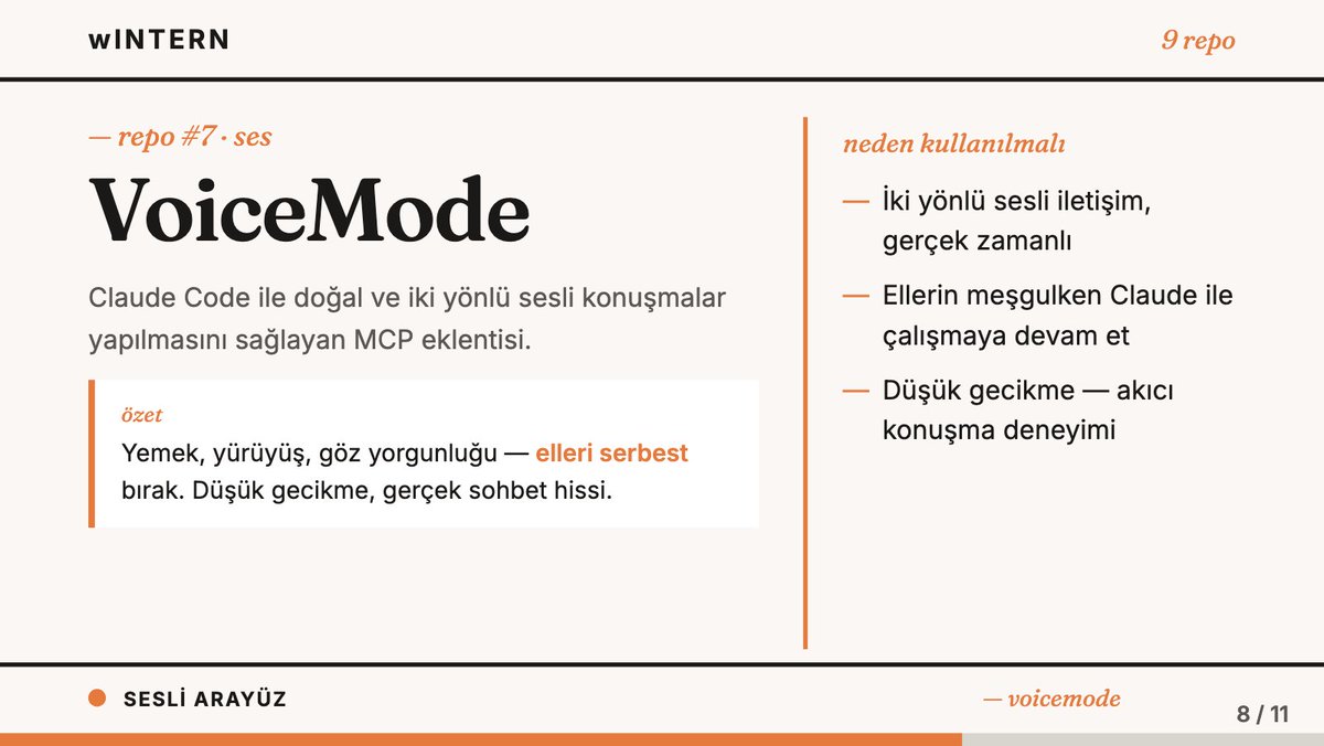wintern_ai's tweet photo. voicemode, claude code ile iki yönlü sesli konuşma yapılmasını sağlıyor.

ellerin meşgulken ya da gözlerin yorulduğunda çalışmaya devam etmek isteyenler için düşünülmüş. düşük gecikme sayesinde konuşma akışı oldukça doğal hissettiriyor.

link: https://t.co/kKXaIYXmnN