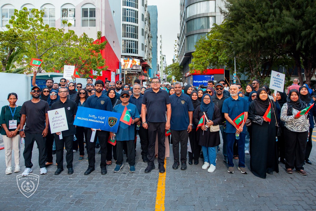 ImmigrationMV's tweet photo. We participated in the Labour Day Rally 2026 under the theme Respect, Recognition, Rights, alongside fellow government agencies, reaffirming our commitment to honoring and protecting the workforce. The Controller General of Immigration, CP (Retd) Ahmed Faseeh, senior management, and officers joined the rally in unity.

#LabourDay #RespectRecognitionRights #MaldivesImmigration