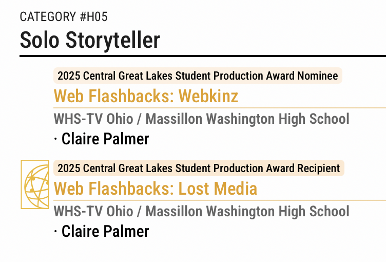 WHSTVOhio's tweet photo. 2026 Student Emmy Awards Announced! Congratulations to Claire Palmer, Brycin McCleary, Kolton Marsh and our entire @WHSTVOhio
team for your dedication to our craft! Totaling 42 nominations, 11 SP Awards and 75 individual awards!

@TheEmmys @GreatLakesEmmys @MassillonCTE https://t.co/fMoGZEjzs1