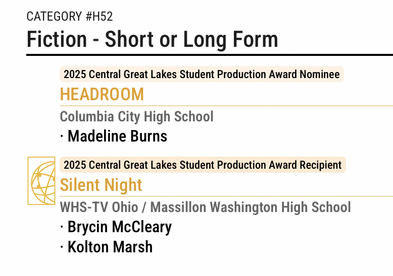 WHSTVOhio's tweet photo. 2026 Student Emmy Awards Announced! Congratulations to Claire Palmer, Brycin McCleary, Kolton Marsh and our entire @WHSTVOhio
team for your dedication to our craft! Totaling 42 nominations, 11 SP Awards and 75 individual awards!

@TheEmmys @GreatLakesEmmys @MassillonCTE https://t.co/fMoGZEjzs1