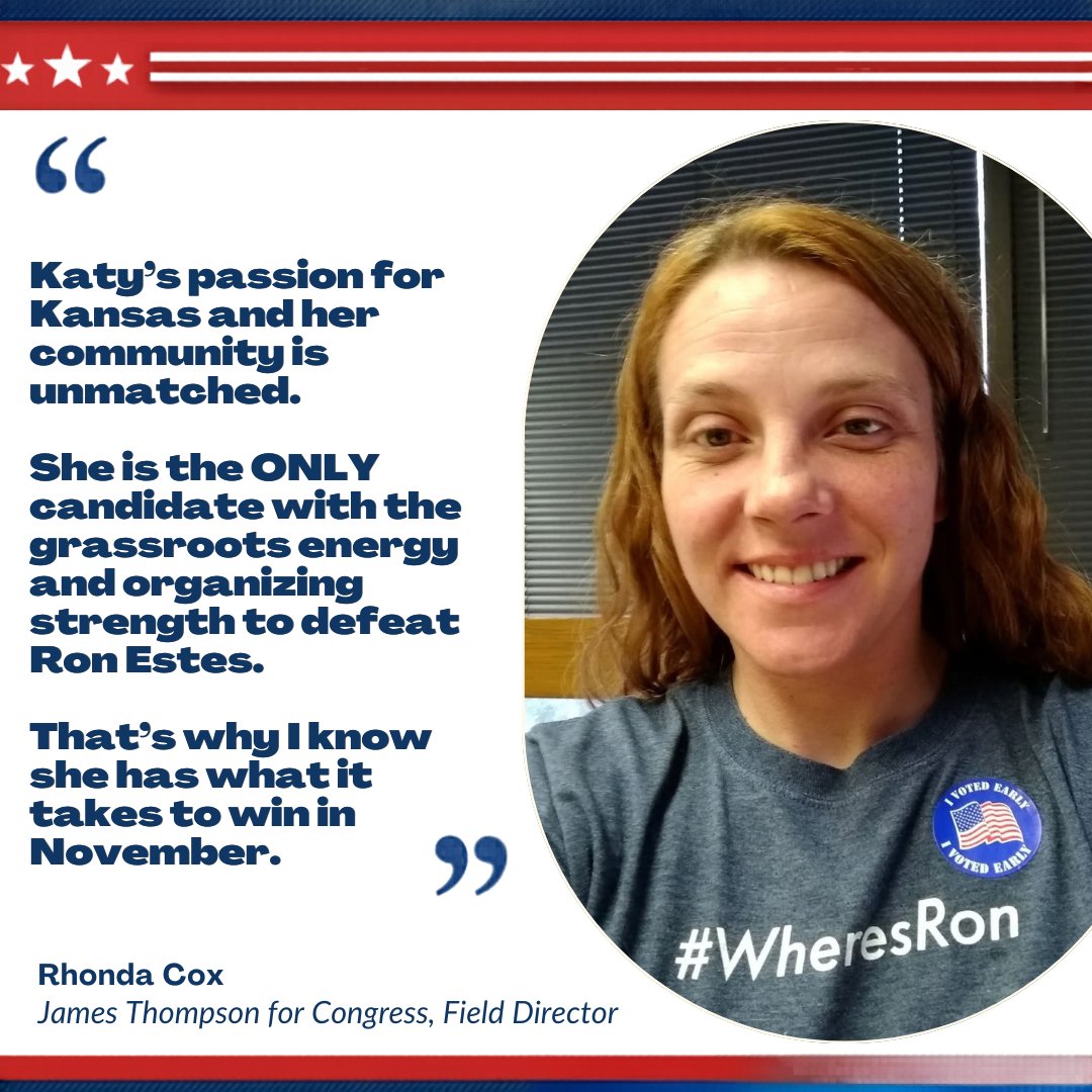 KatyforKansas's tweet photo. “Katy’s passion for Kansas is unmatched. Every time I’ve worked with her, she’s shown integrity, grit, and the leadership we need. She has the grassroots energy to defeat Ron Estes—and she will not be outworked. I know she can win in November.”
— Rhonda Cox https://t.co/rh1wdjcbyC