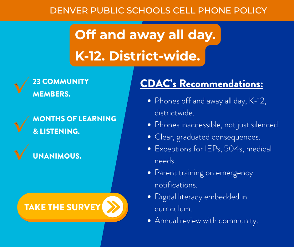 ColoradoStand's tweet photo. DPS created a 23-member community committee to get their phone policy right. They were unanimous. Now it's your turn. Take the survey before it closes May 15 and add your voice before the final board vote in June. https://t.co/8684CEoHA4 #edcolo https://t.co/CQJQIWQvf4