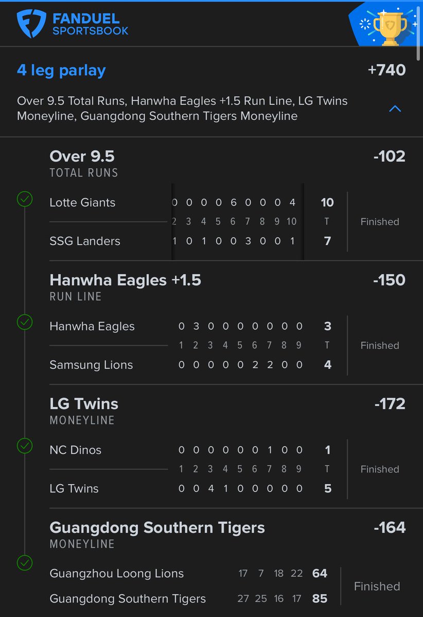 A11Bets's tweet image. SENDING 50$ TO A RANDOM LIKE ❤️

CBA/KBO PARLAY (+740) ✅ 
Guangdong ML (-150) ✅
Lotte SSG Over 9 (-134) ✅
Hanwha +1.5 (-130) ✅

4-0 VIP CBA/KBO WAKE &amp;amp; SWEEP 🤑

Best Overseas Capper On #GamblingX 👑
