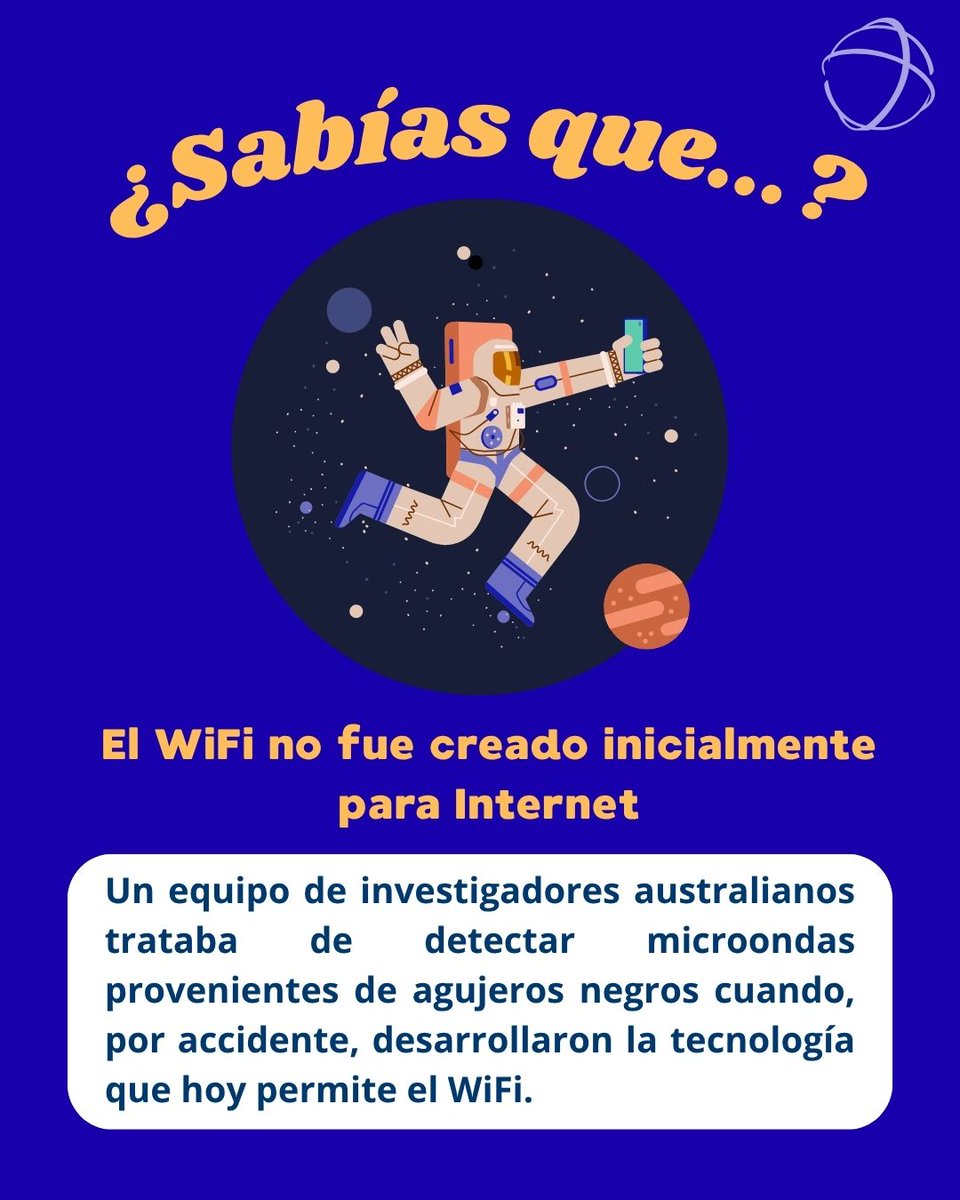 Telecartagena_'s tweet image. ¿Sabías que el WiFi no fue creado para internet?🤯

Todo fue gracias a un equipo de investigadores australianos que trataba de detectar microondas de agujeros negros🌌

Al intentar captar estas señales cósmicas, desarrollaron la tecnología WiFi🪐

#Curiosidades #WiFi #DatoCurioso
