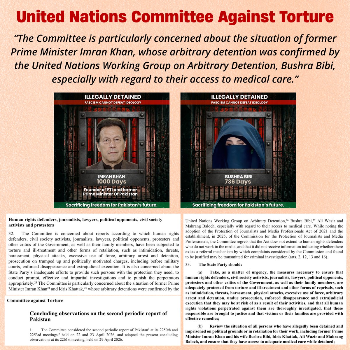 United Nations’ Committee Against Torture has made  observations in their report issued today that the Committee is particularly concerned about the situation of former Prime Minister Imran Khan, whose arbitrary detention was confirmed by the United Nations Working Group on