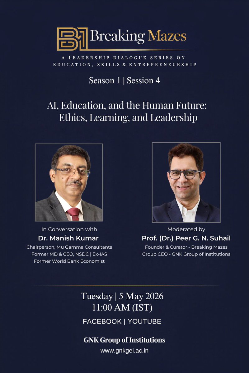 As AI reshapes the world of work, a bigger question arises:

How must education and leadership evolve?

Looking forward to a conversation with Dr. Manish Kumar
on AI, Education &amp; the Human Future.

#BreakingMazes