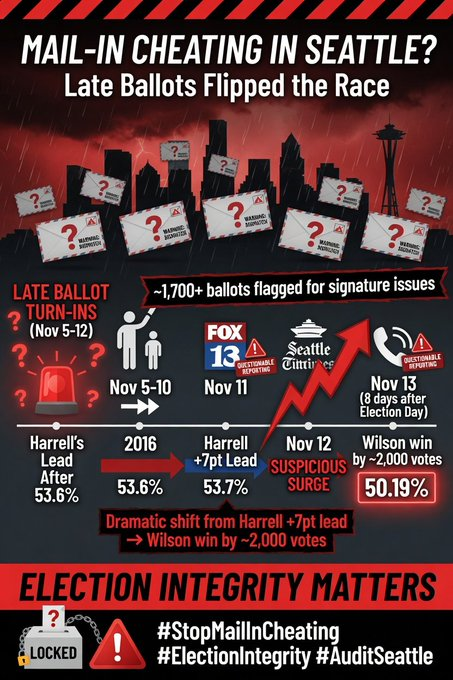 TurnSeattleRed's tweet photo. @GovBobFerguson 100% orchestrated STEAL.
Steve Hobbs @secstatewa knew, so he was at a "Gaming Convention" in Germany. NO JOKE!
In the final hour 8-days AFTER, this race was manually flipped to @MayorofSeattle.
#AuditSeattle #SecureOurVote @DOJFraudDiv @AAGDhillon https://t.co/WI83gKpbUi