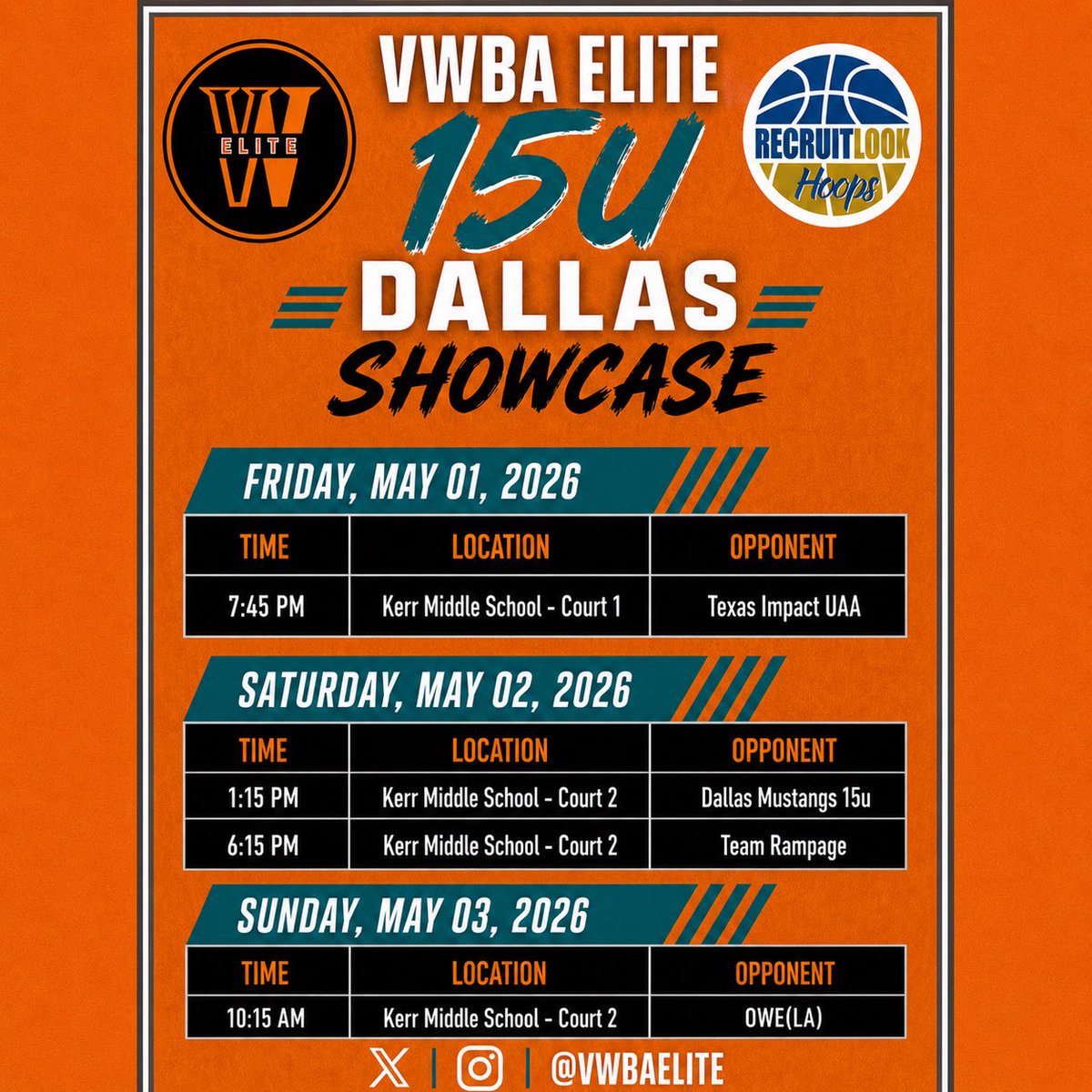 VWBAelite's tweet photo. RECRUITLOOK DALLAS SHOWCASE SCHEDULE THIS WEEKEND ‼️

#VWBAelite https://t.co/thDajbzkUY