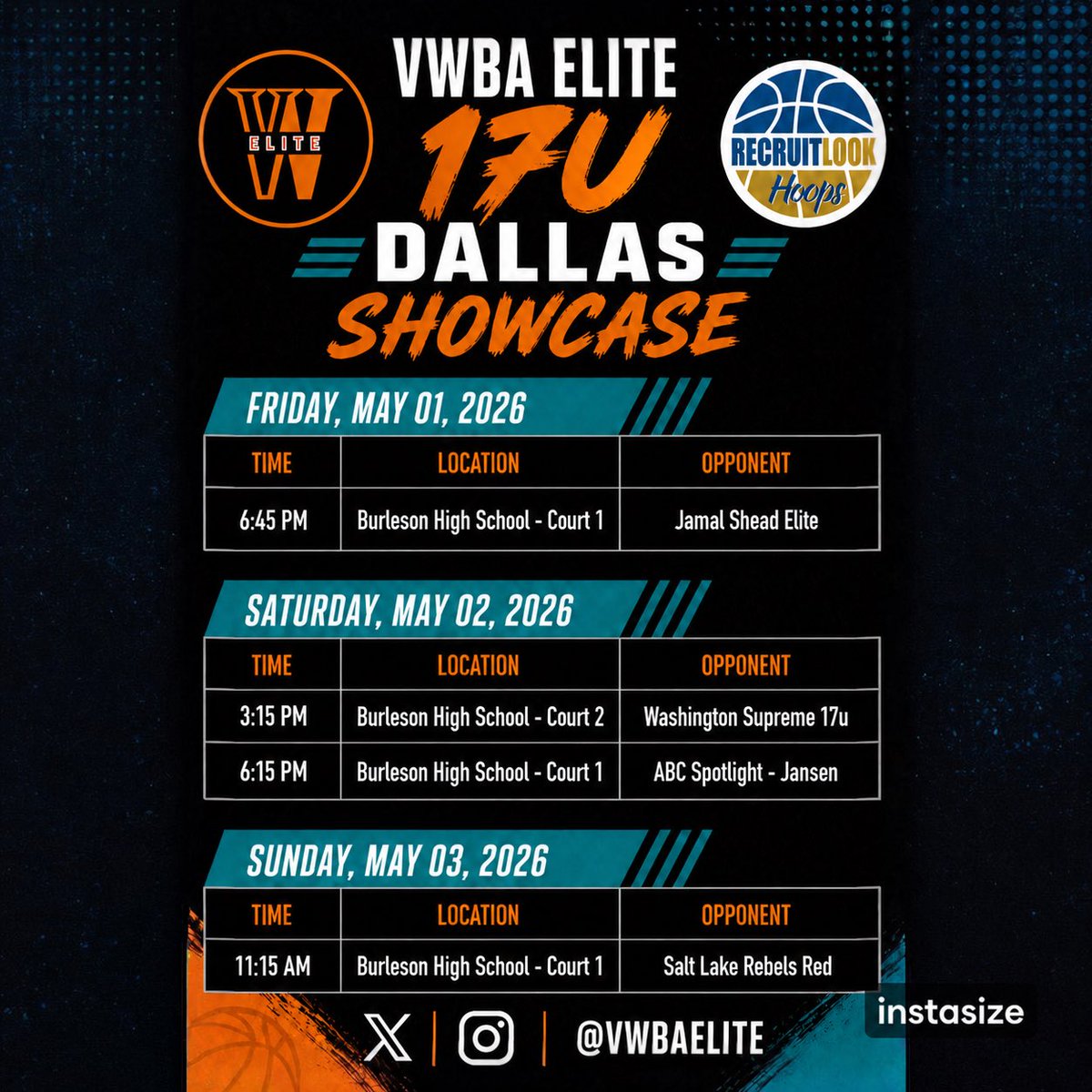 VWBAelite's tweet photo. RECRUITLOOK DALLAS SHOWCASE SCHEDULE THIS WEEKEND ‼️

#VWBAelite https://t.co/thDajbzkUY