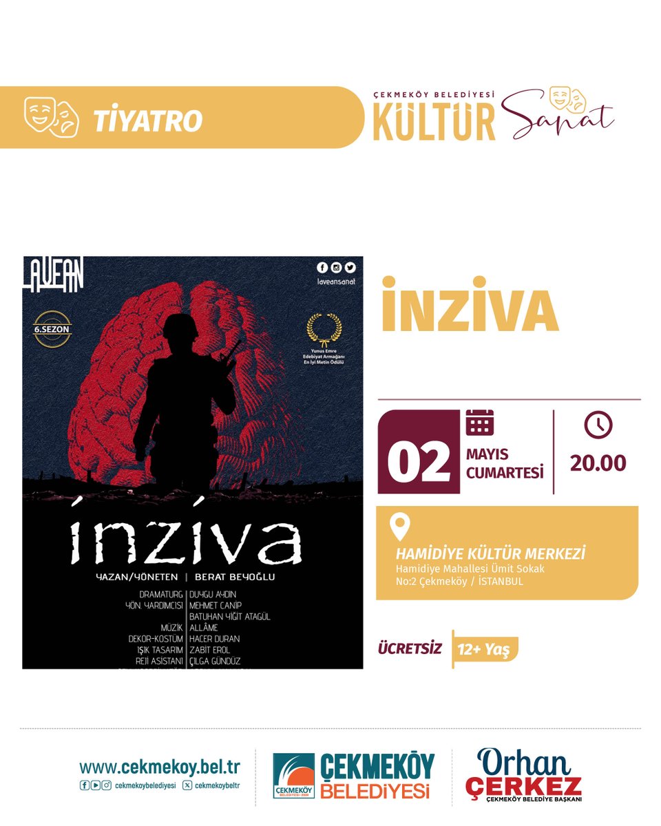 Cekmekoybeltr's tweet photo. 🎭 Yetişkin Tiyatrosu " İnziva "
🗓 2 Mayıs Cumartesi  🕓 20.00
📍 Hamidiye Kültür Merkezi https://t.co/QxkhopdMUp