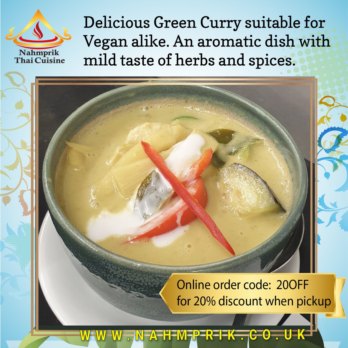 Delicious Green Curry suitable for Vegan alike. An aromatic dish with mild taste of herbs and spices. A great curry dish to accompany any meal.