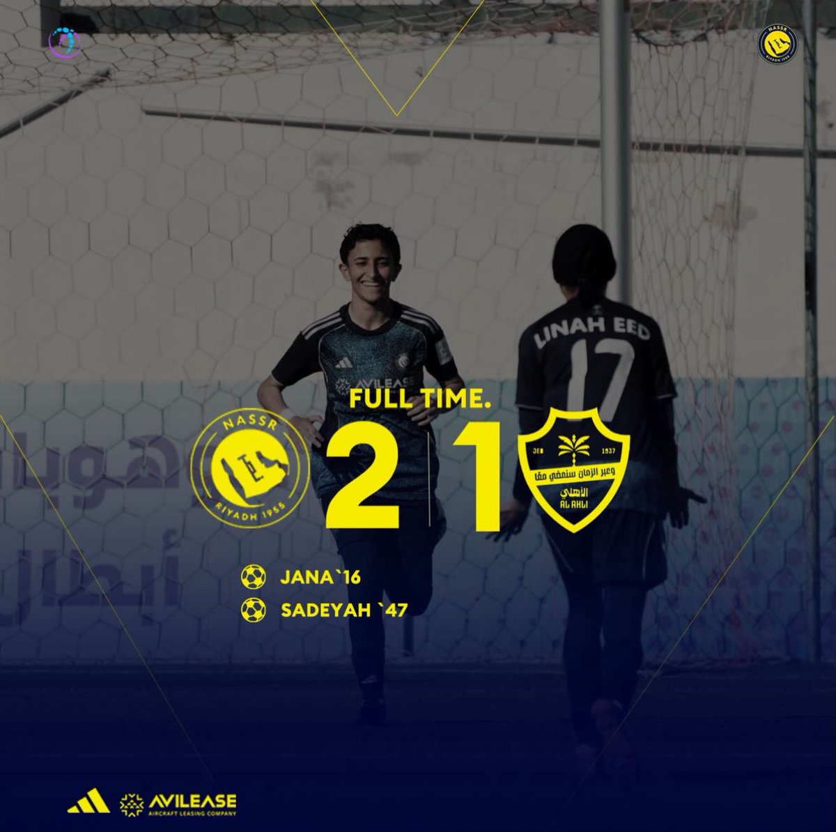 VIBES_NASSR's tweet photo. 🟡 — ناشئات #النصر ينتصرون على ناشئات الأهلي ✌🏻💛

- ⚽️ جنى الشمري 

- ⚽️ سعدية محمد https://t.co/VKfzmsxHBG