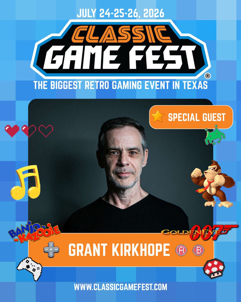 classicgamefest's tweet photo. 🎼 Meet legendary composer @GrantKirkhope at Classic Game Fest!🎶

Known for music from GoldenEye 007, Banjo-Kazooie, Donkey Kong 64, Viva Piñata, Mario + Rabbids &amp; more!

Don’t miss your chance to meet one of gaming’s most iconic composers at CGF on July 24-26 in Austin, TX. https://t.co/D06nC747xX