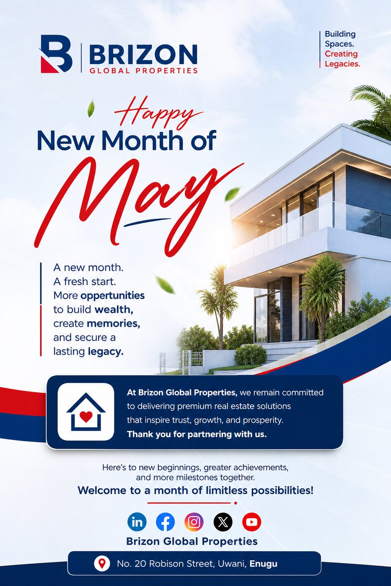 BrizonEstate's tweet photo. May is here… and so are new possibilities

A new month brings fresh opportunities to build wealth, secure your future and own a space you can truly call home. Happy New Month! 

#HappyNewMonth #WelcomeMay #BrizonGlobalProperties #RealEstateNigeria #EnuguRealEstate https://t.co/iyKwzIISX0
