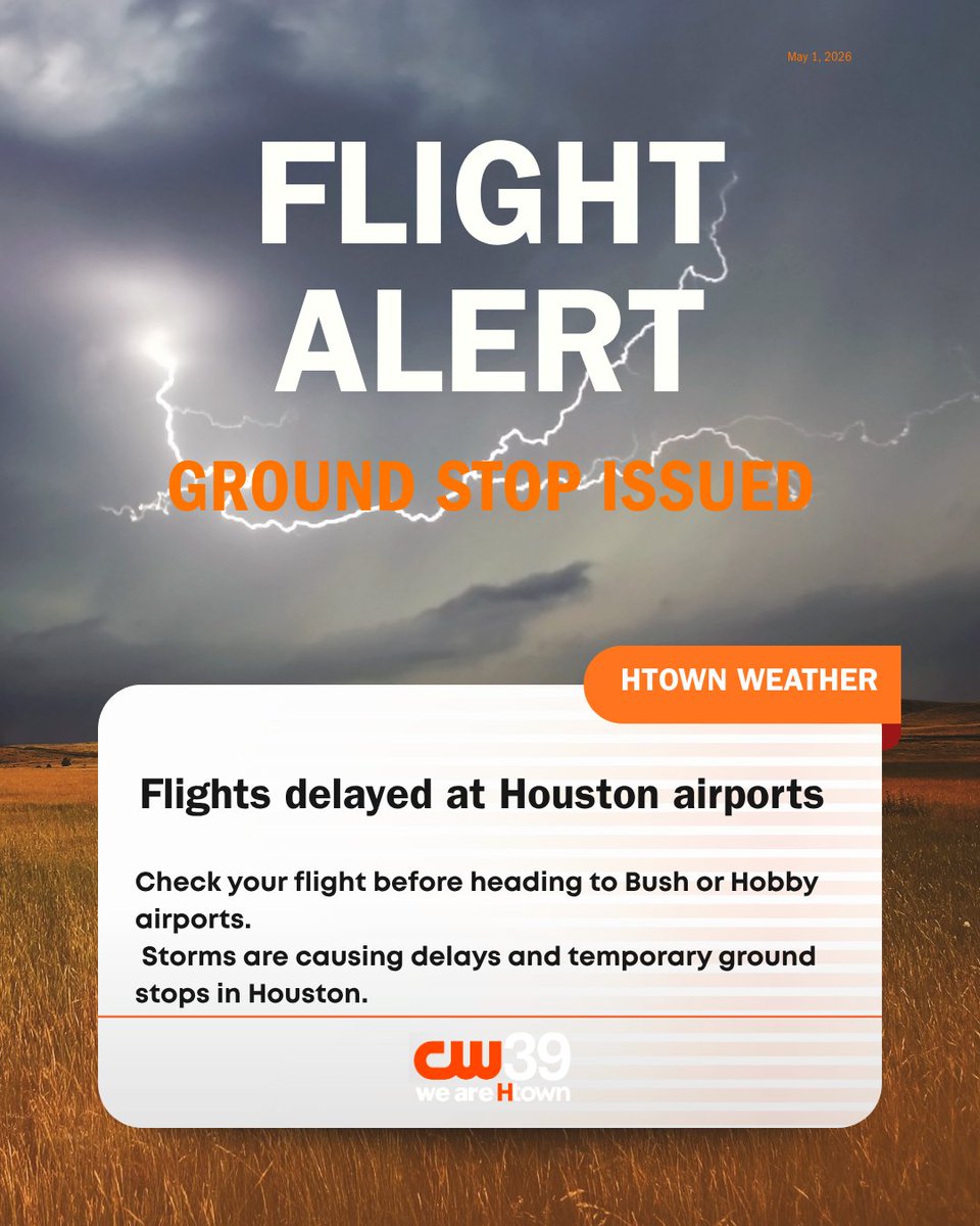 CW39Houston's tweet image. GROUND STOP ISSUED at Houston airports ✈️⛈️  
The FAA has issued ground stops for: 
• IAH until 11:45 a.m. 
• HOU until 12:15 p.m.  
Thunderstorms are causing delays across Houston. Check your flights. cw39.com/cw39/heavy-rai…    
#HoustonWeather #TravelAlert